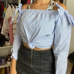 Blue striped off the shoulder bow shirt